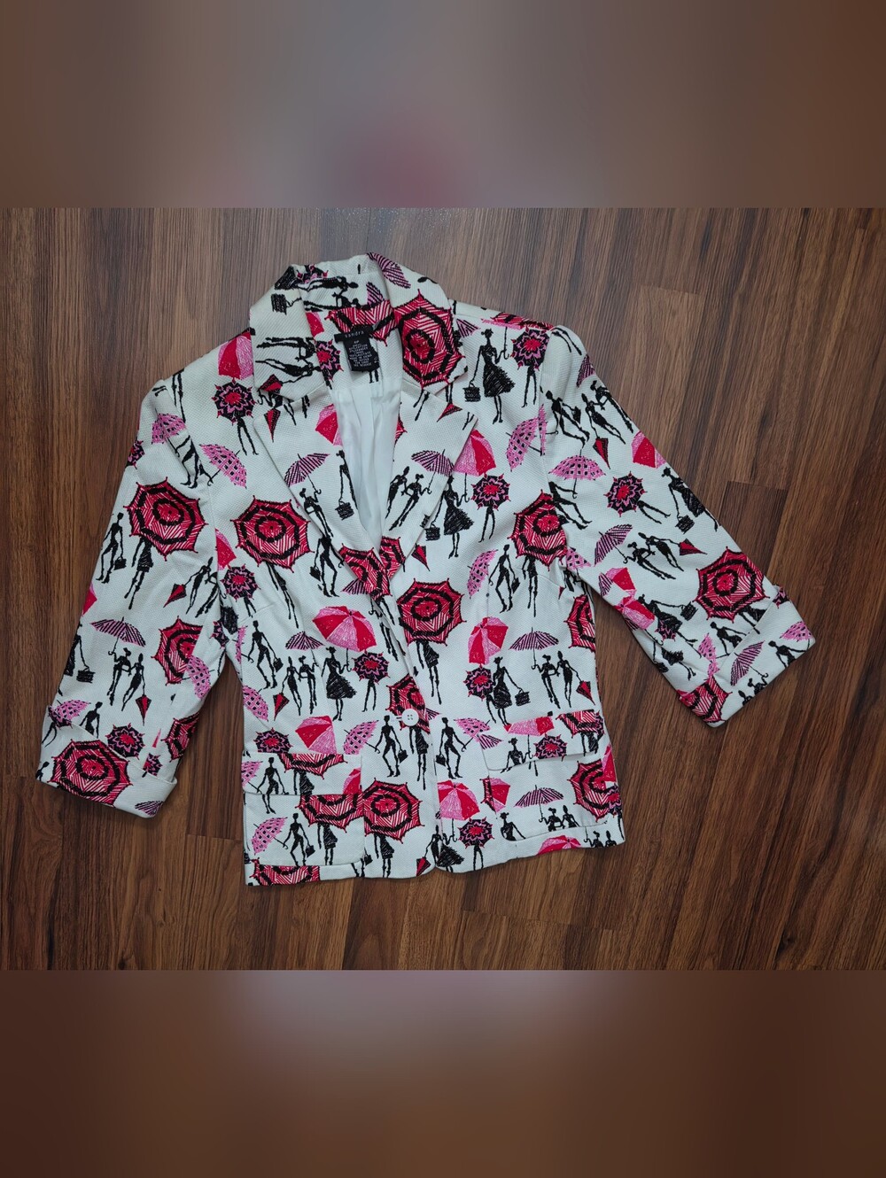 Printed White Blazer with Pink & Black Umbrella Motif